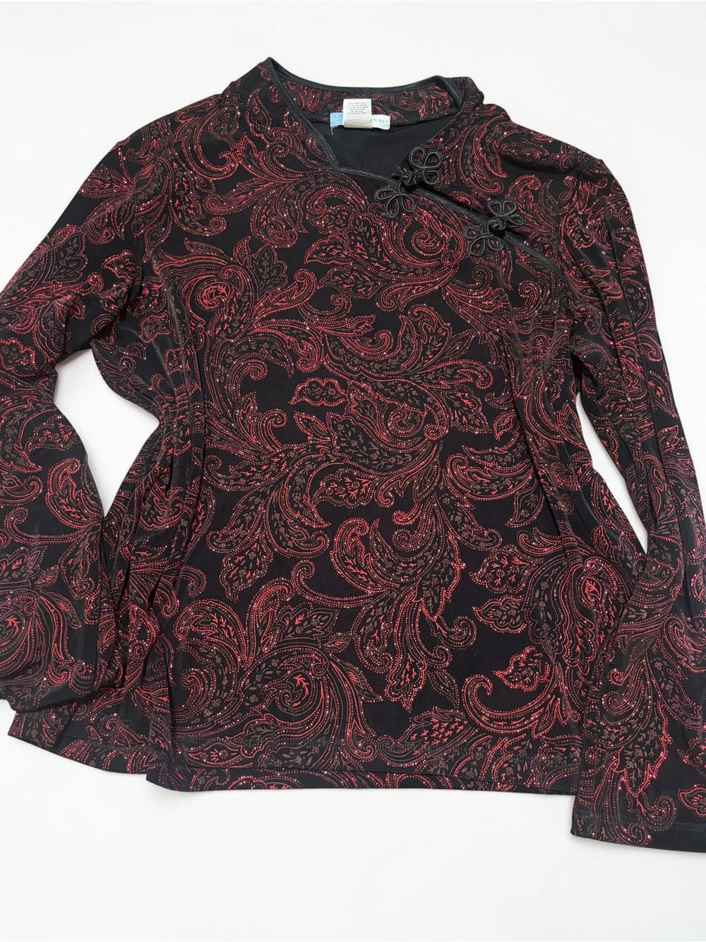 Y2K Black Red Paisley Shimmer Top Whimsigoth Frog Closure L